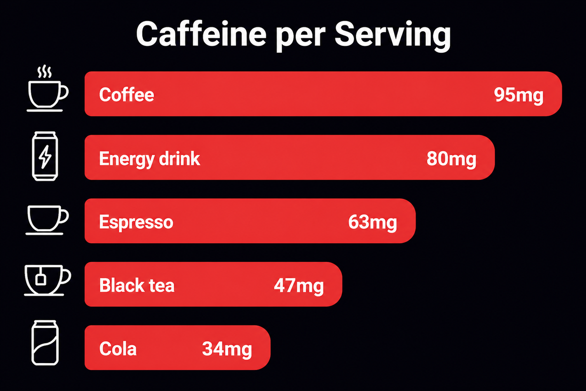 Comparison chart of caffeine per serving: coffee 95 mg, energy drink 80 mg, espresso 63 mg, black tea 47 mg, cola 34 mg